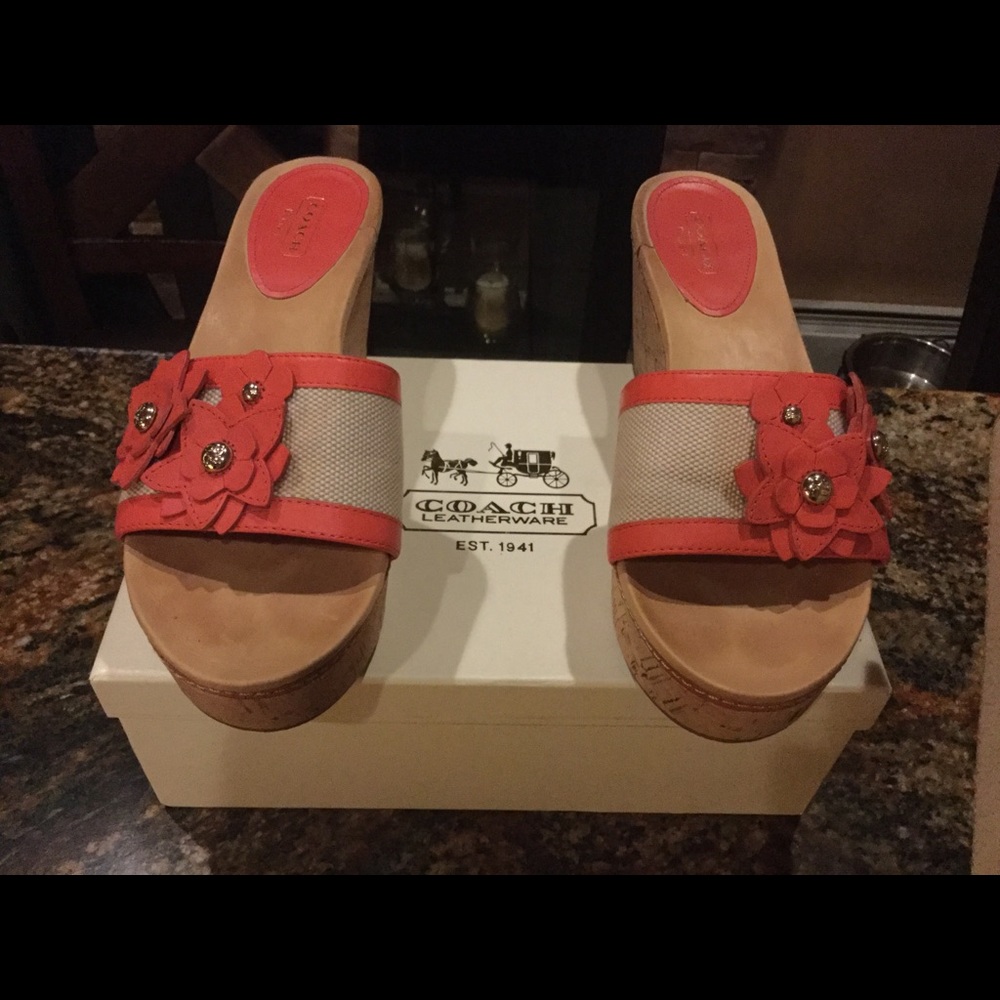 Coach coral and cork wedges